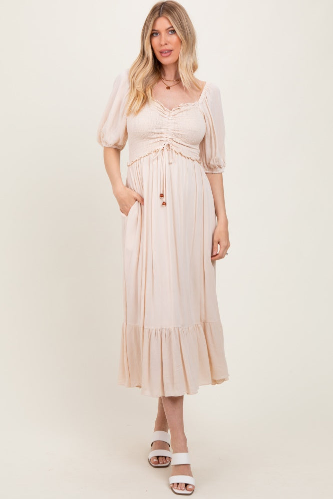 Taupe Smocked Cinched Front Maxi Dress