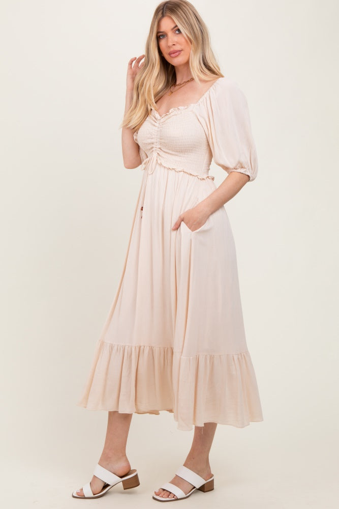 Taupe Smocked Cinched Front Maxi Dress