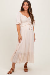 Taupe Smocked Cinched Front Maternity Maxi Dress