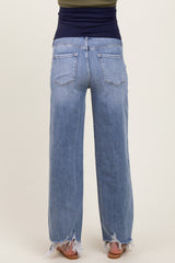 Light Blue Distressed Asymmetrical Fringe Hem Straight Leg Maternity Jeans