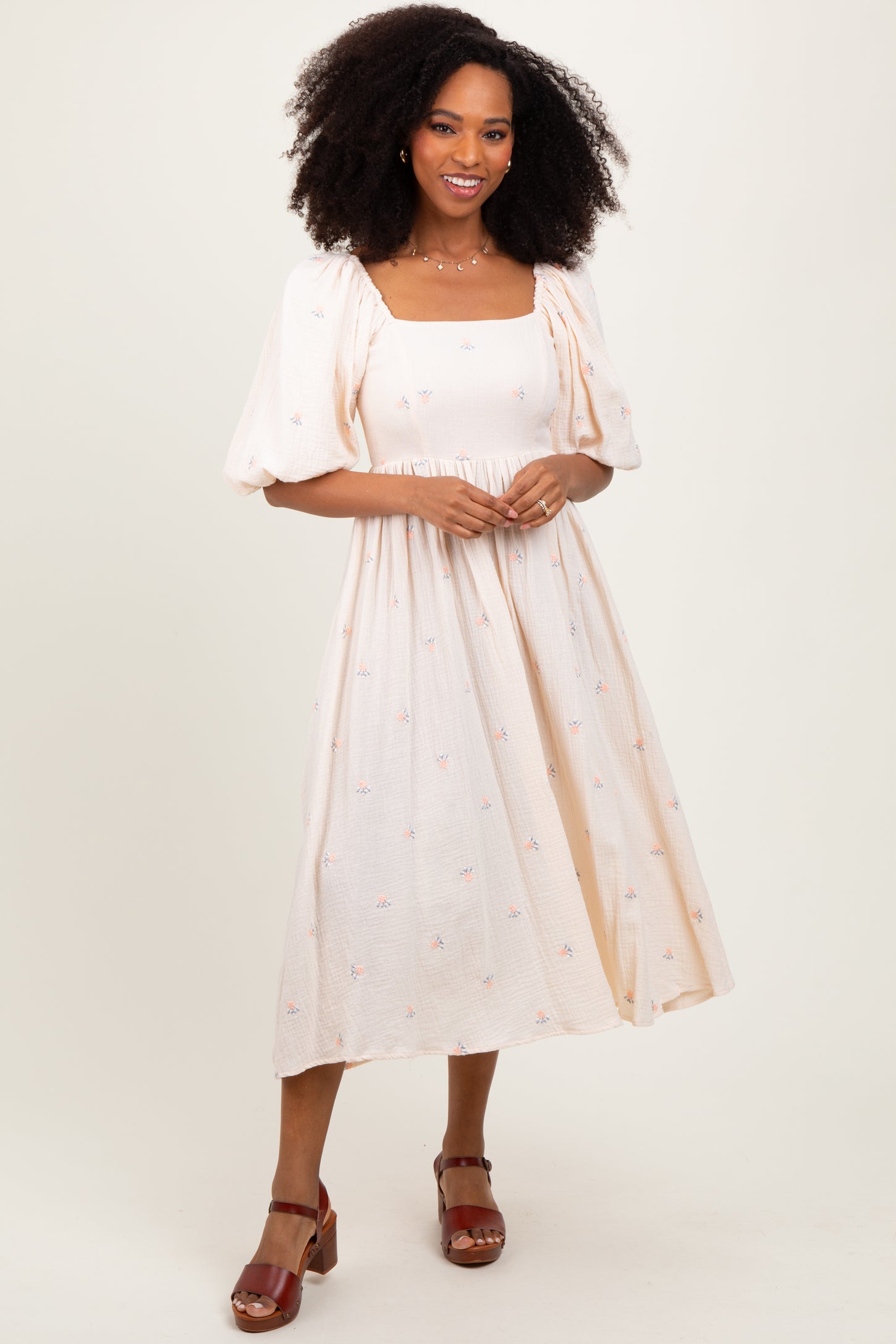 Cream Floral Maternity Midi Dress