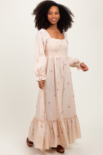 Cream Long Sleeve Floral Accent Dress