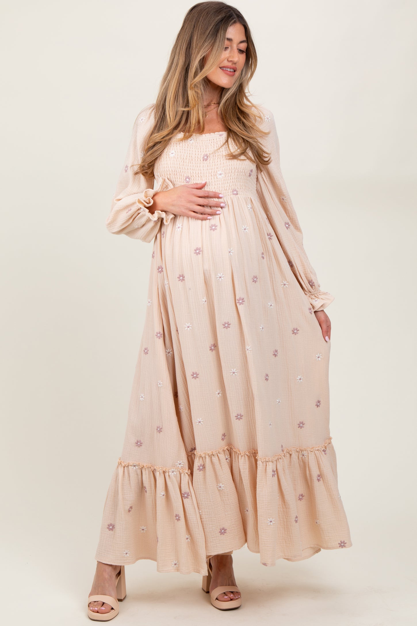 Cream Long Sleeve Floral Accent Maternity Dress