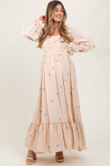 Cream Long Sleeve Floral Accent Maternity Dress