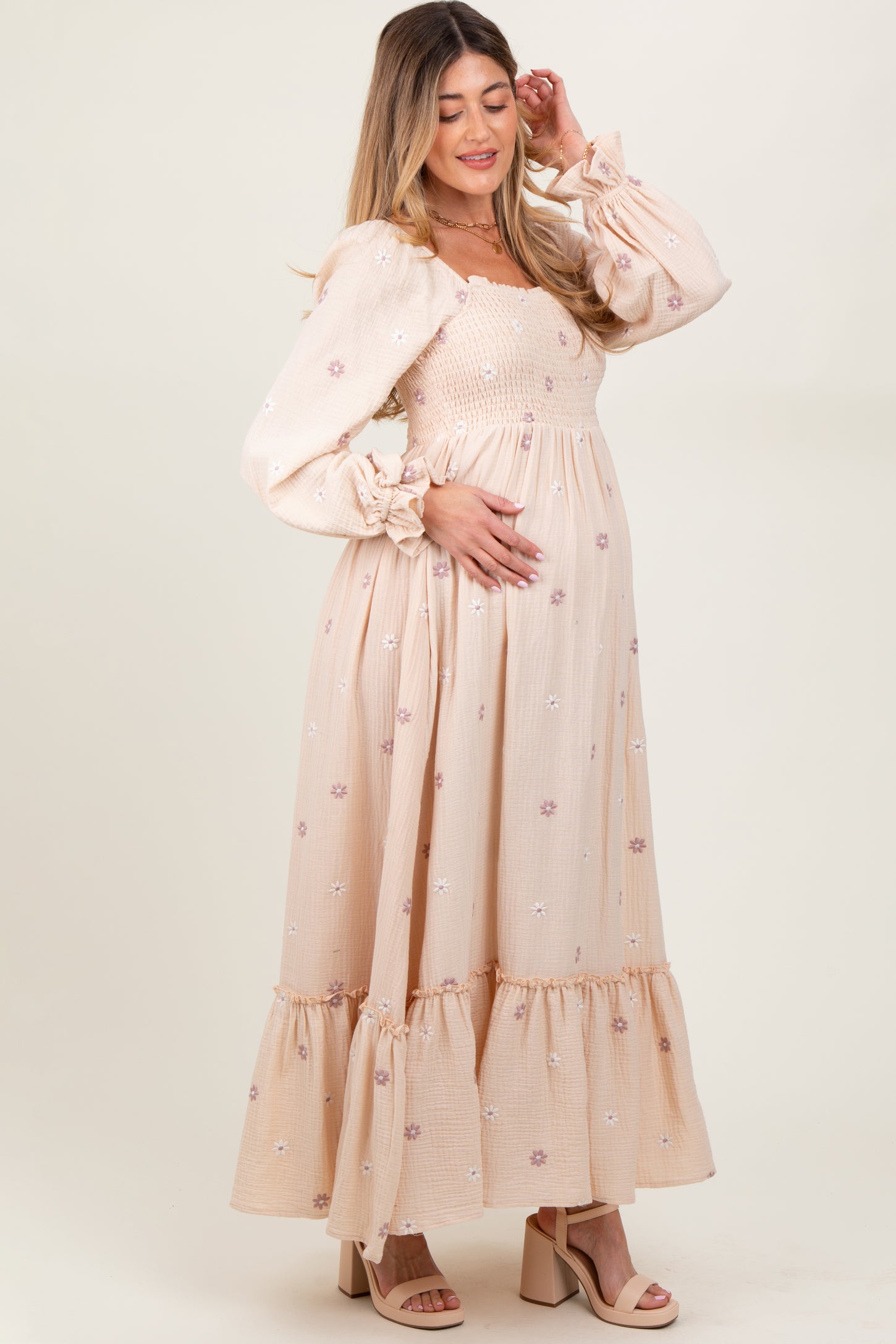 Cream Long Sleeve Floral Accent Maternity Dress