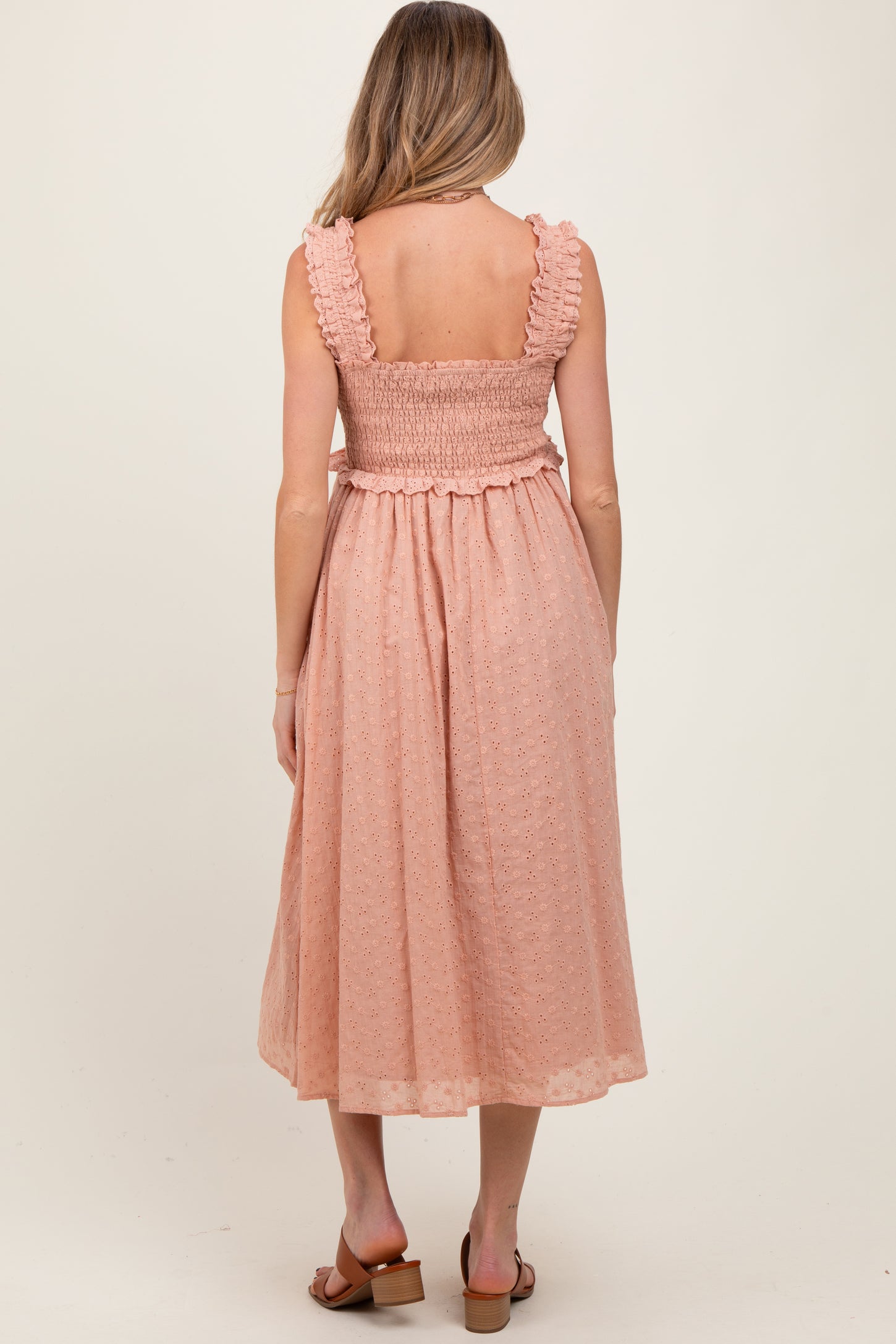 Peach Eyelet Sleeveless Maternity Midi Dress