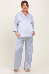 Light Blue Satin Contrast Trim Pajama Pant Maternity Set