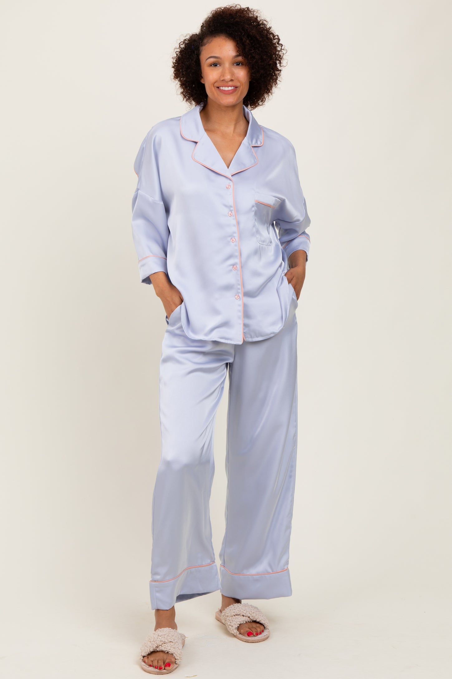 Light Blue Satin Contrast Trim Pajama Pant Set