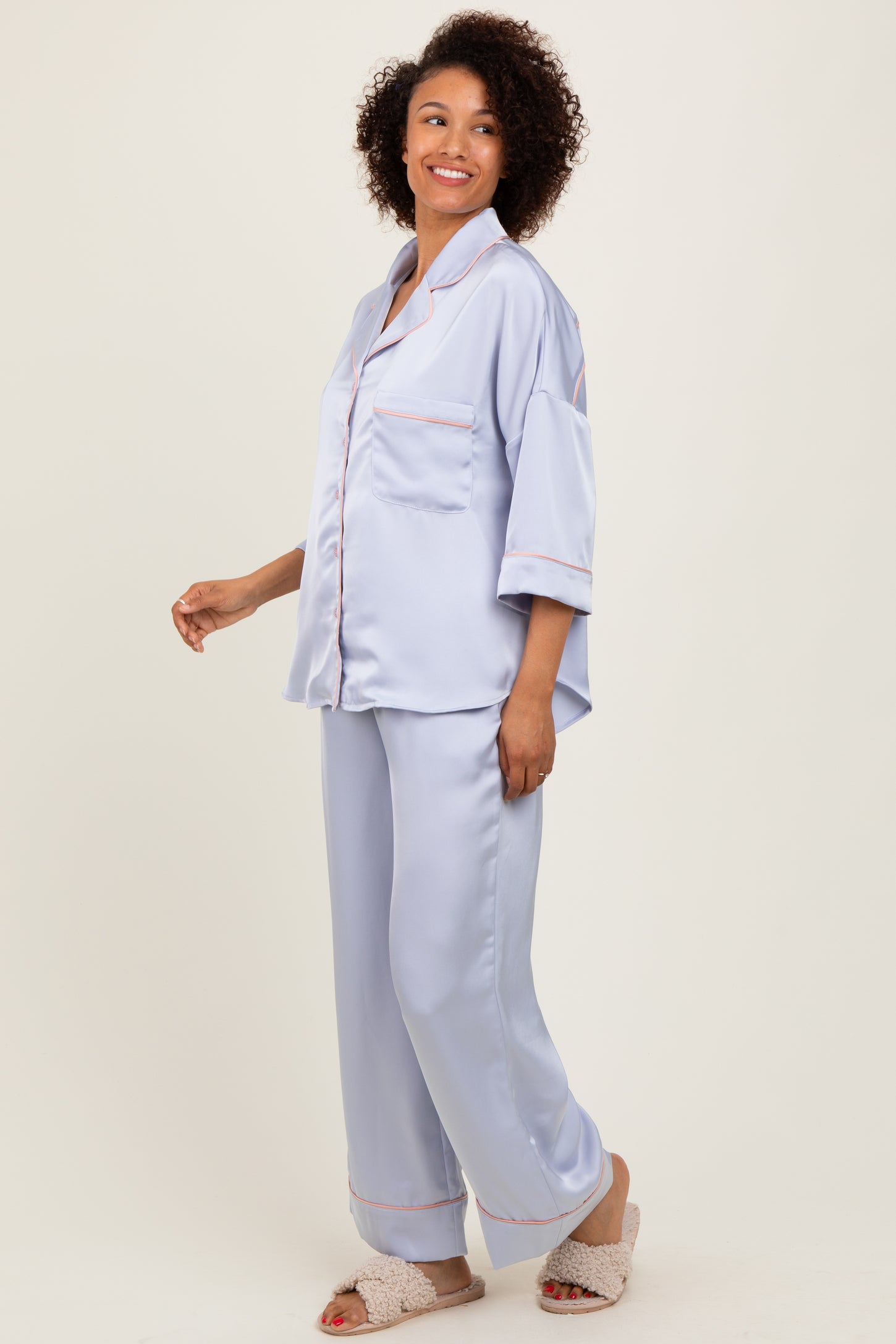Light Blue Satin Contrast Trim Pajama Pant Set