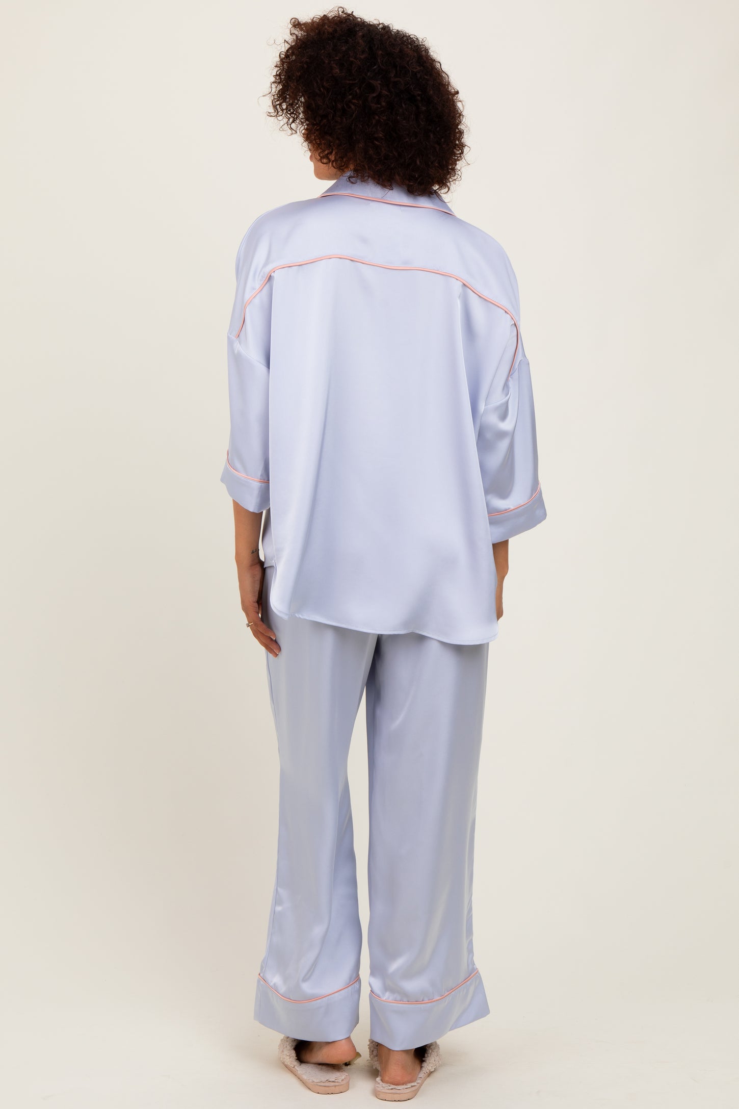 Light Blue Satin Contrast Trim Pajama Pant Set