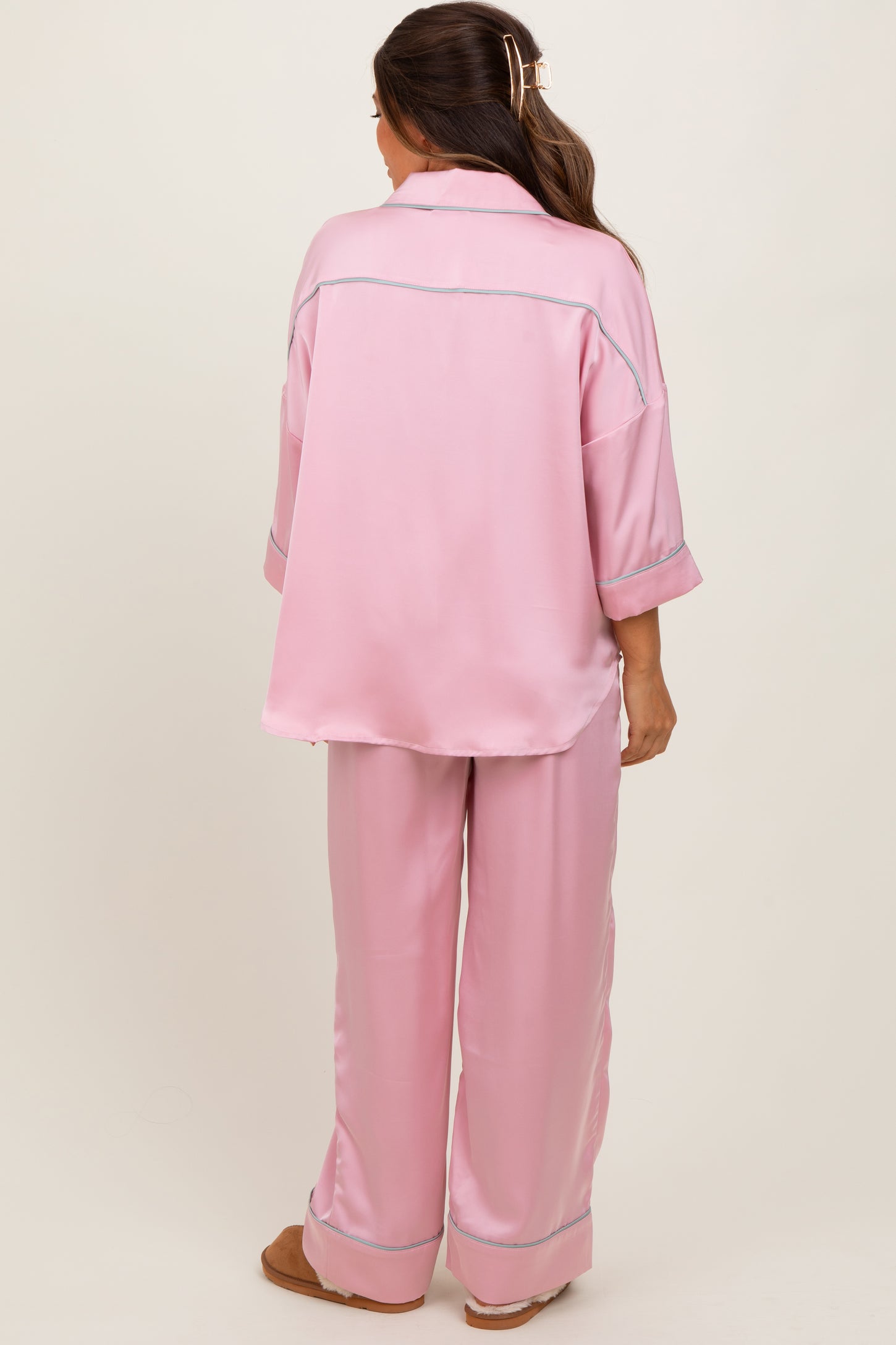 Pink Satin Contrast Trim Pajama Pant Maternity Set