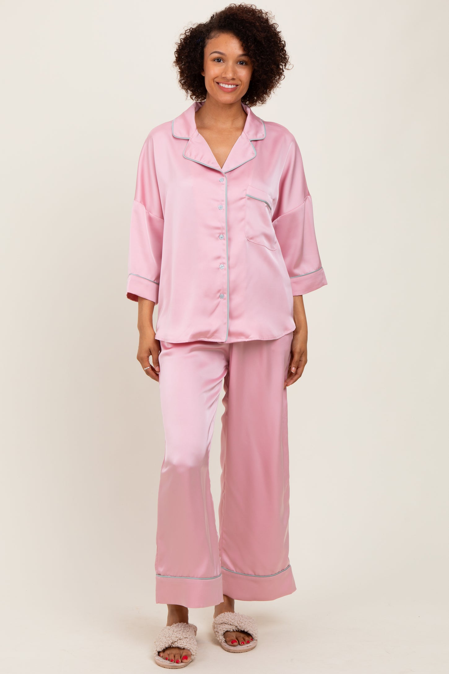 Pink Satin Contrast Trim Pajama Pant Maternity Set