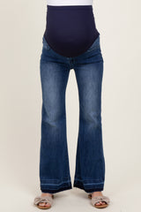 Navy Blue Distressed Release Hem Flare Maternity Jeans