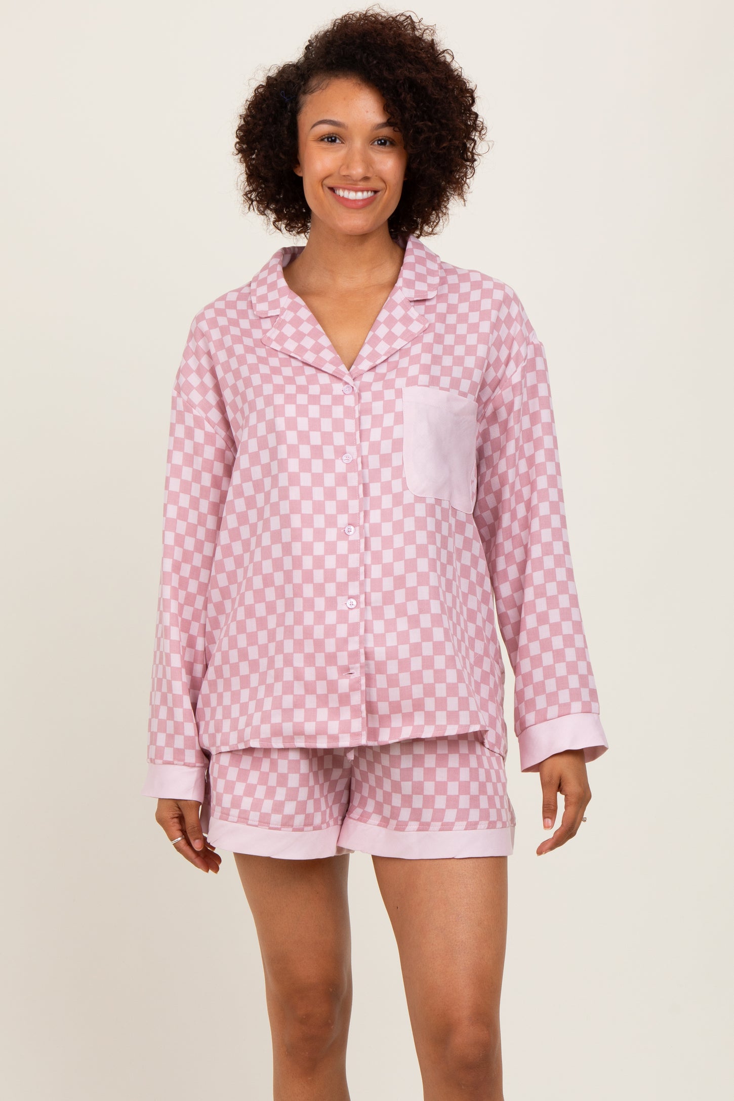 Mauve Checkered Print Pajama Shorts Set