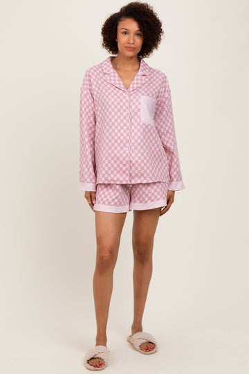 Mauve Checkered Print Pajama Shorts Set