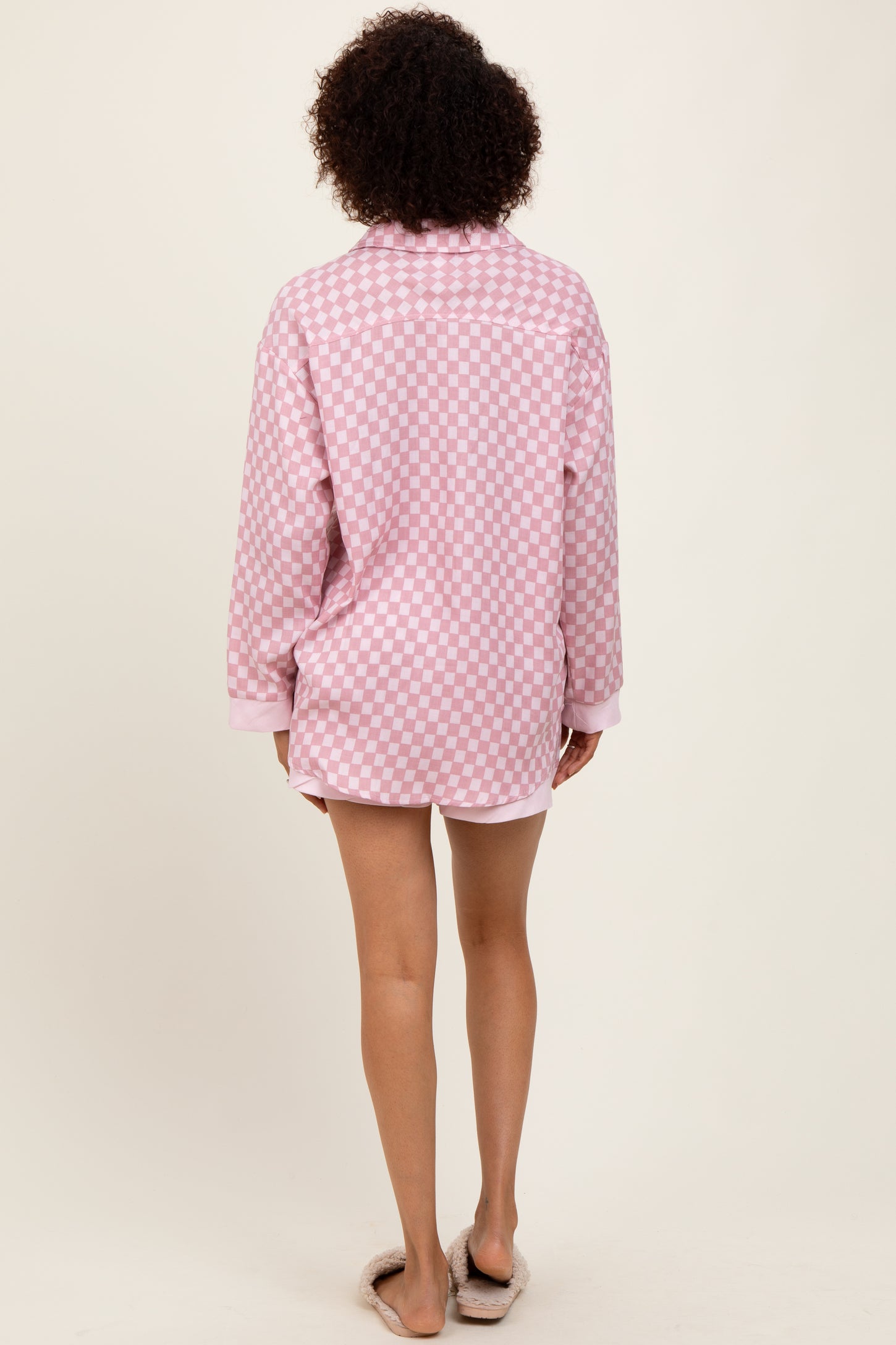 Mauve Checkered Print Pajama Shorts Set