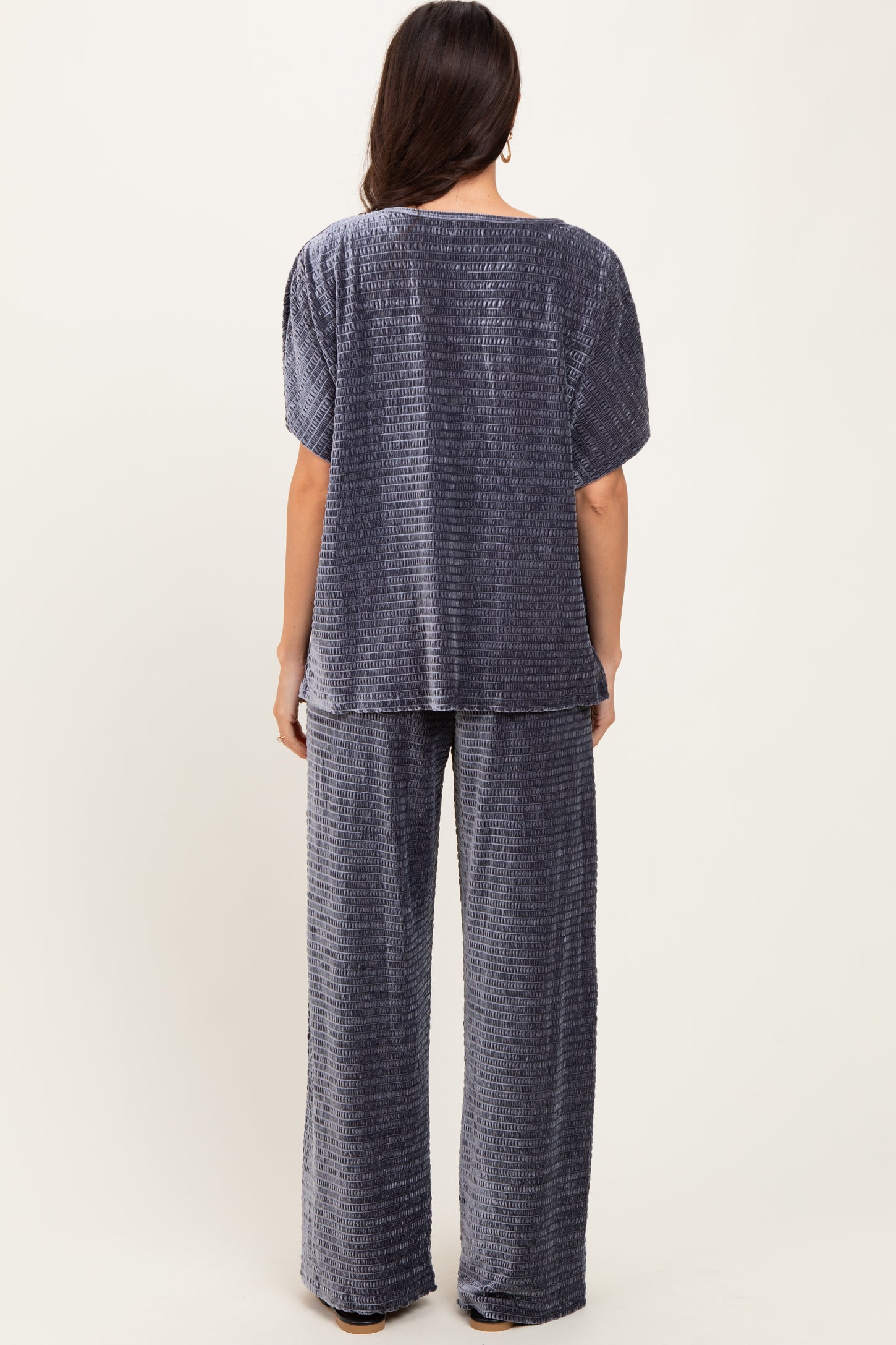 Gray Blue Textured Velvet Lounge Pant Set