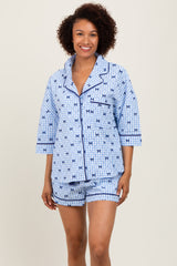 Light Blue Bow Print Gingham Pajama Short Maternity Set