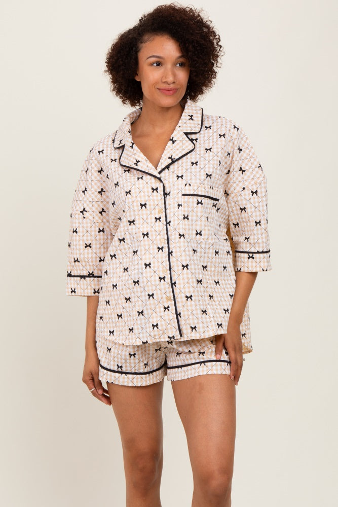 Cream Bow Print Gingham Pajama Short Set