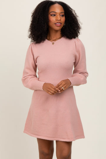 Pink Knit Bubble Sleeve Mini Dress