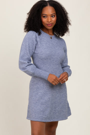 Light Blue Knit Bubble Sleeve Mini Dress