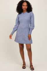Light Blue Knit Bubble Sleeve Mini Dress