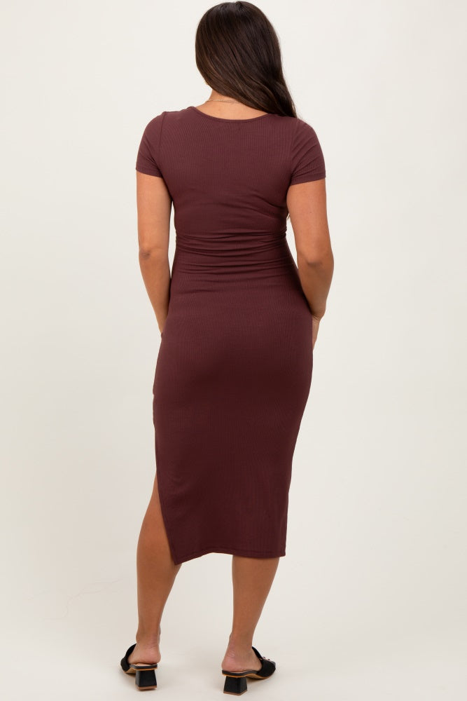 Brown Ribbed Short Sleeve Side Slit Maternity Midi Dress