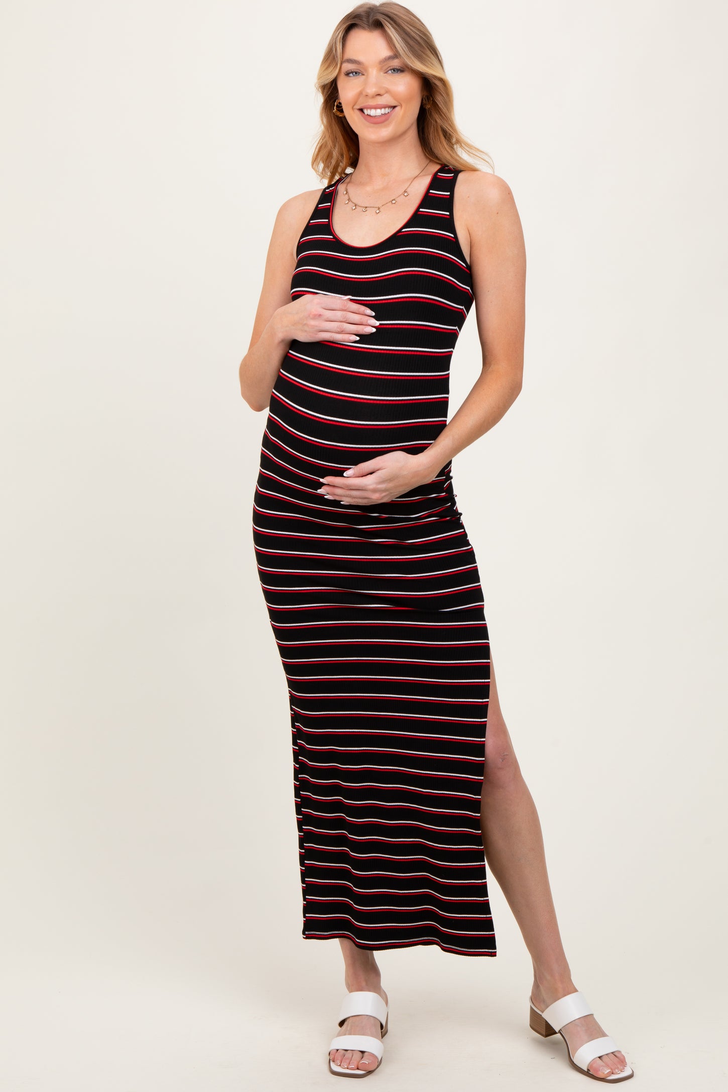 Black Red Striped Side Slit Maternity Maxi Dress