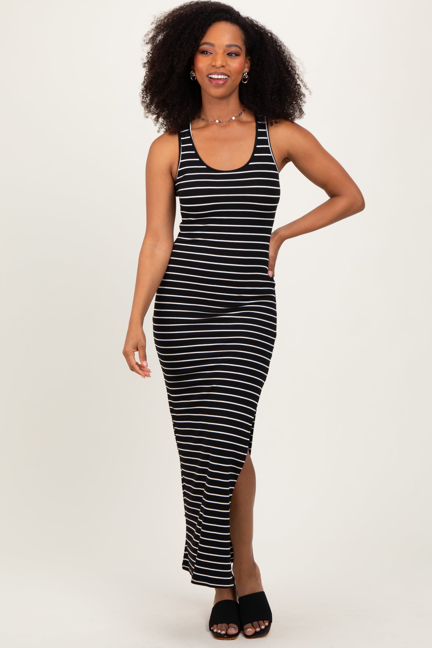 Black Ivory Striped Side Slit Maxi Dress