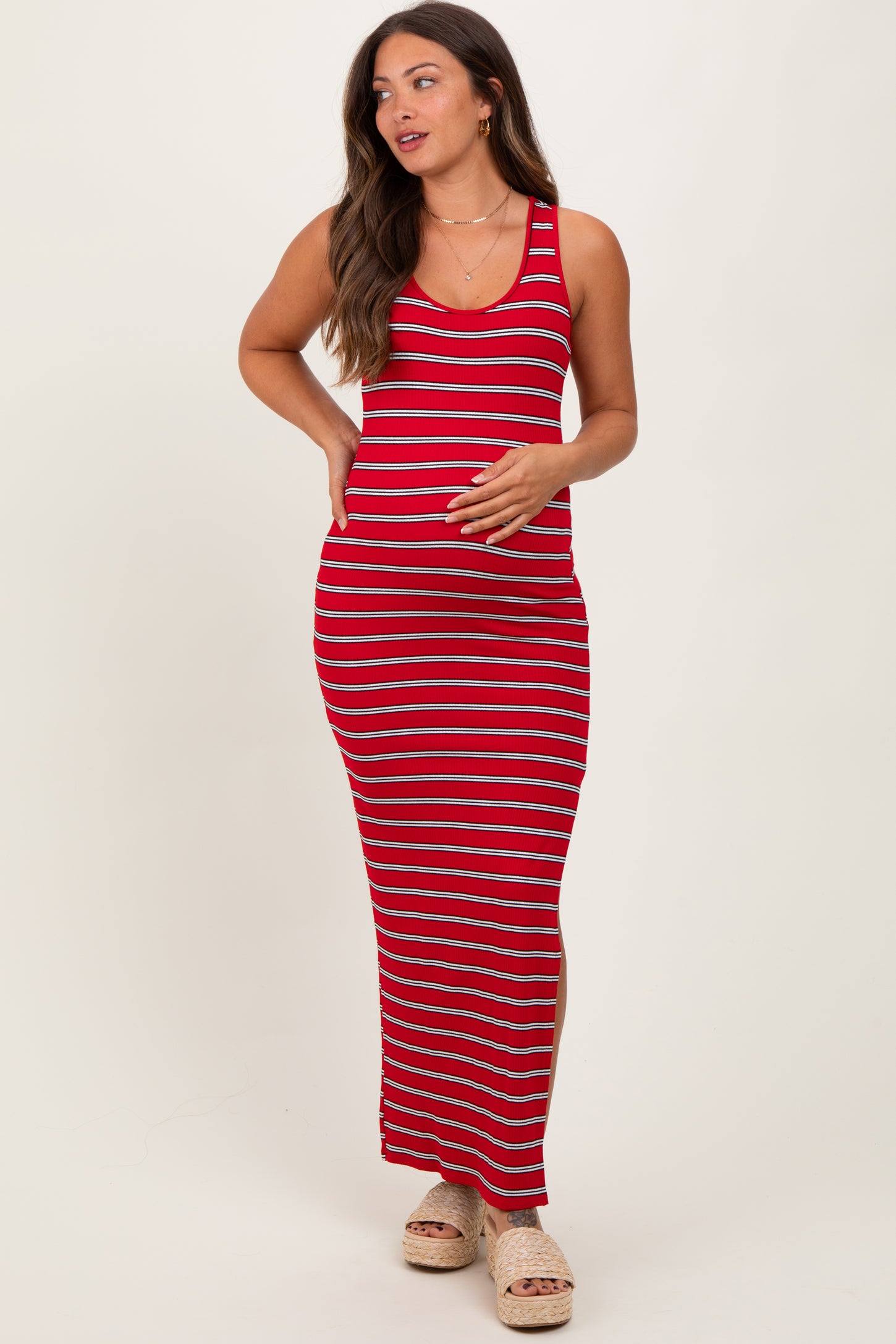 Red Black Striped Side Slit Maternity Maxi Dress