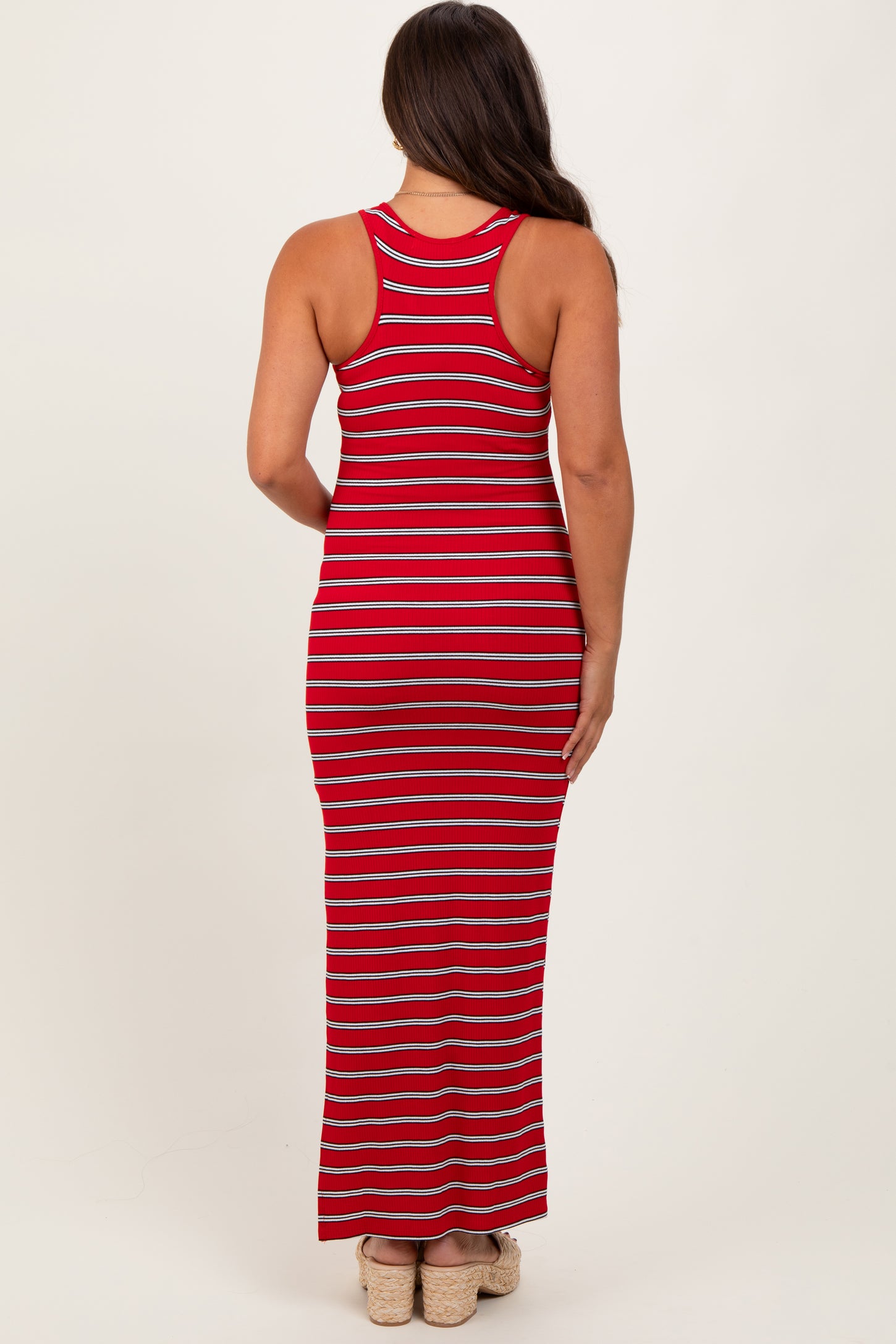 Red Black Striped Side Slit Maternity Maxi Dress