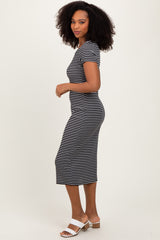 Black White Basic Stripe Rib Short Sleeve Dress