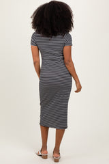 Black White Basic Stripe Rib Short Sleeve Dress
