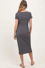 Black White Basic Stripe Rib Short Sleeve Maternity Dress