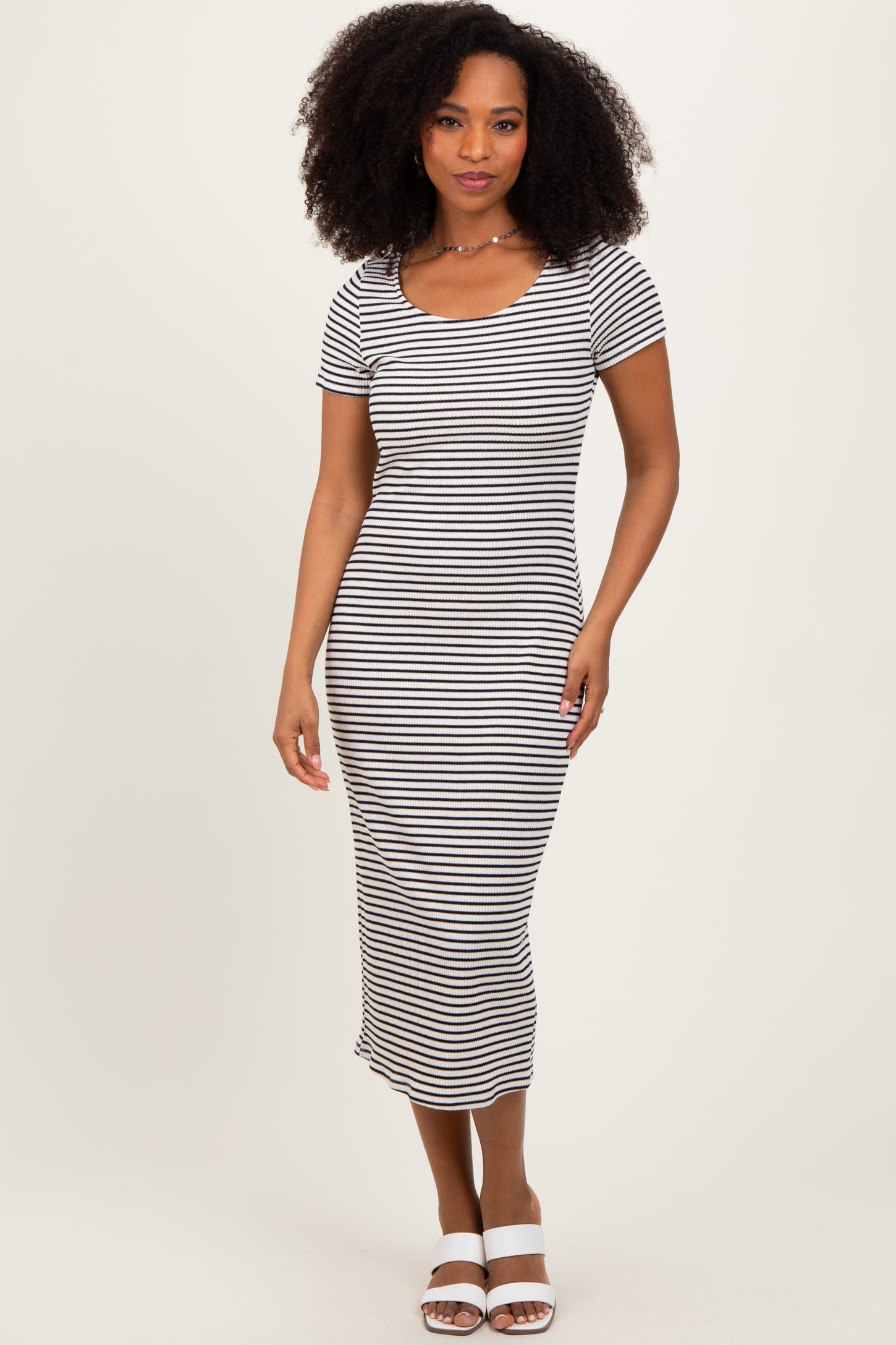White Black Basic Stripe Rib Short Sleeve Dress