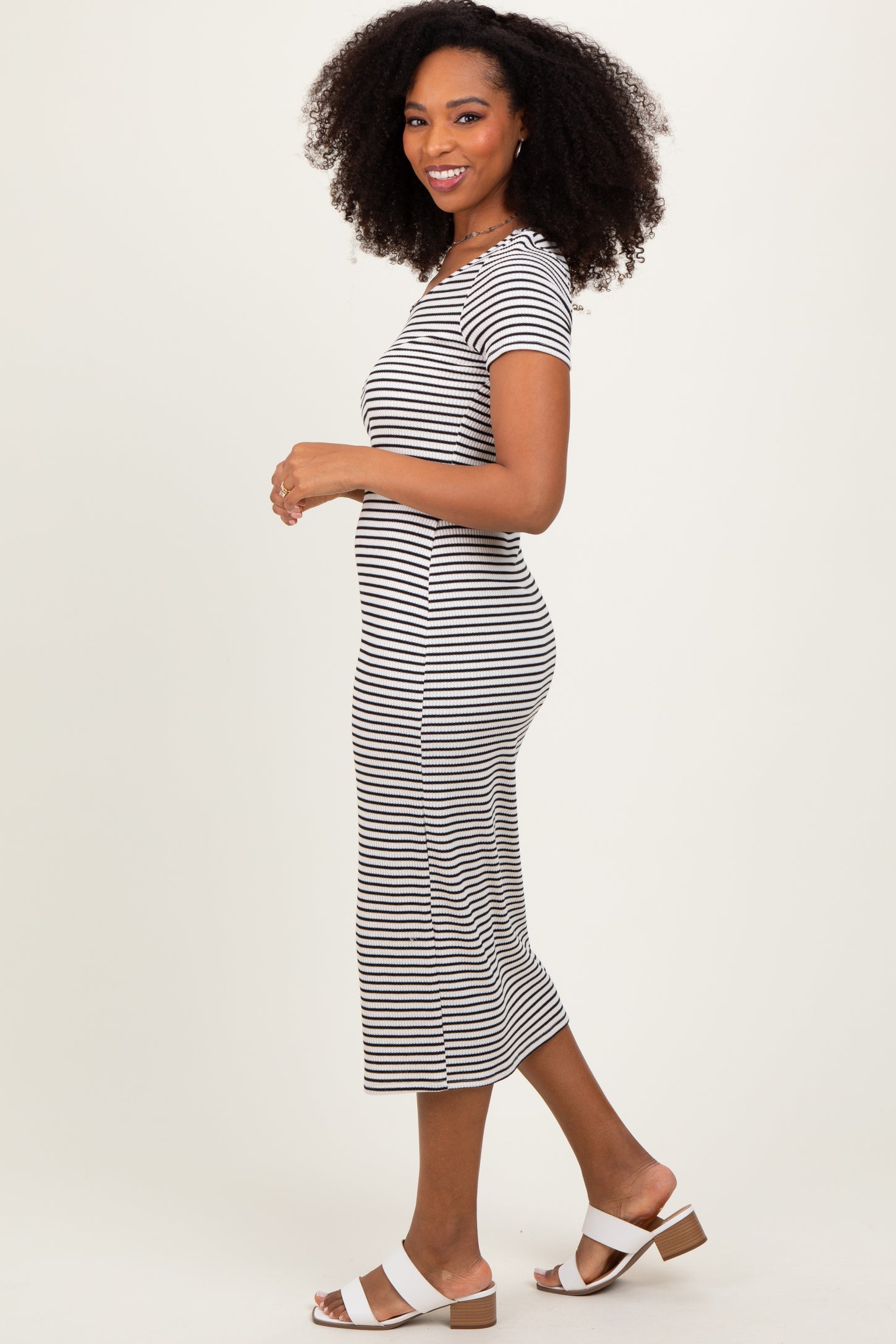 White Black Basic Stripe Rib Short Sleeve Dress