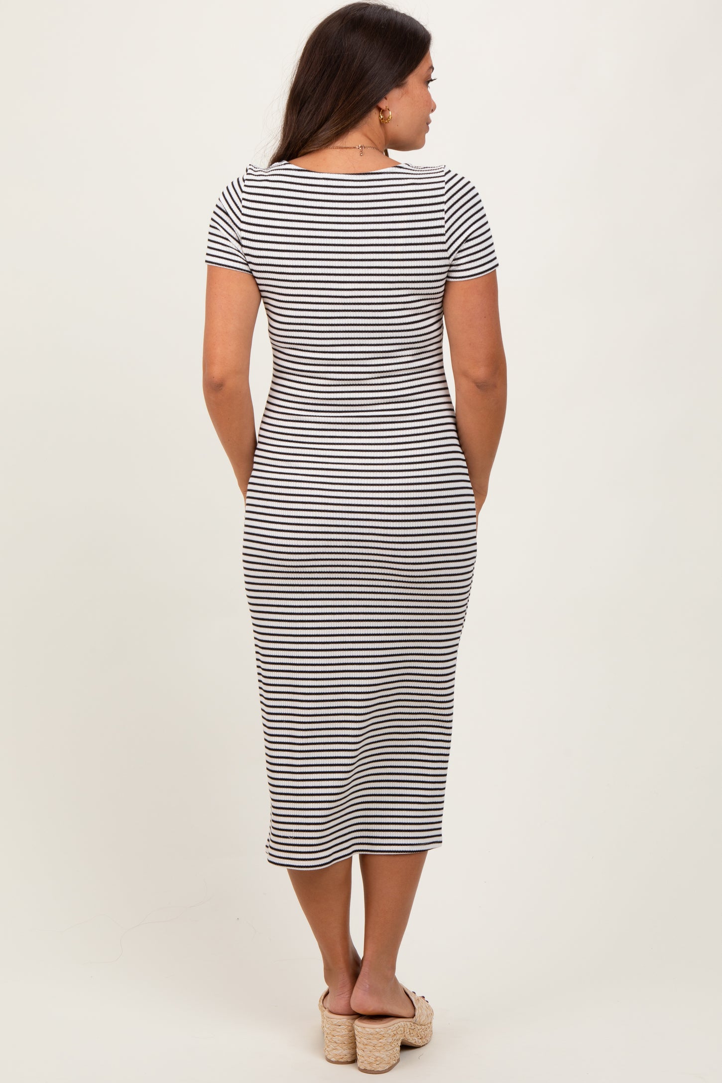 White Black Basic Stripe Rib Short Sleeve Maternity Dress