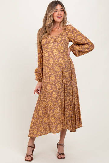 Camel Floral Long Sleeve Maternity Dress
