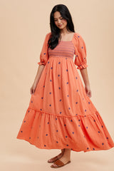 Coral Gauze Smocked Embroidered Square Neck Midi Dress