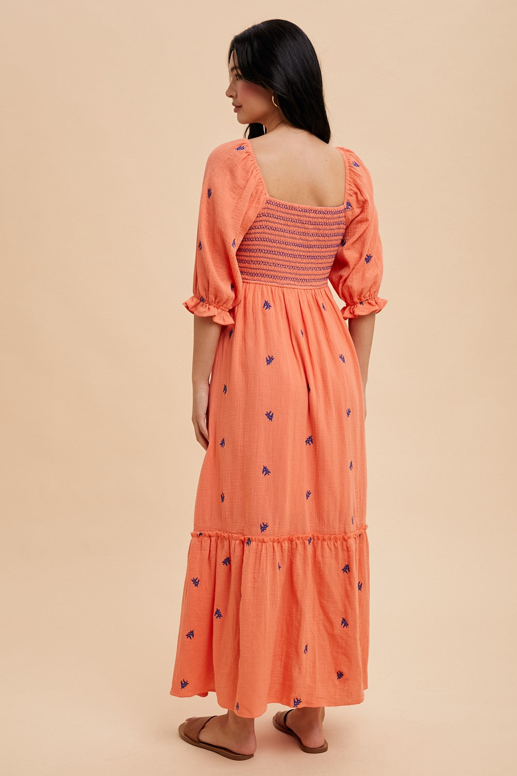 Coral Gauze Smocked Embroidered Square Neck Midi Dress