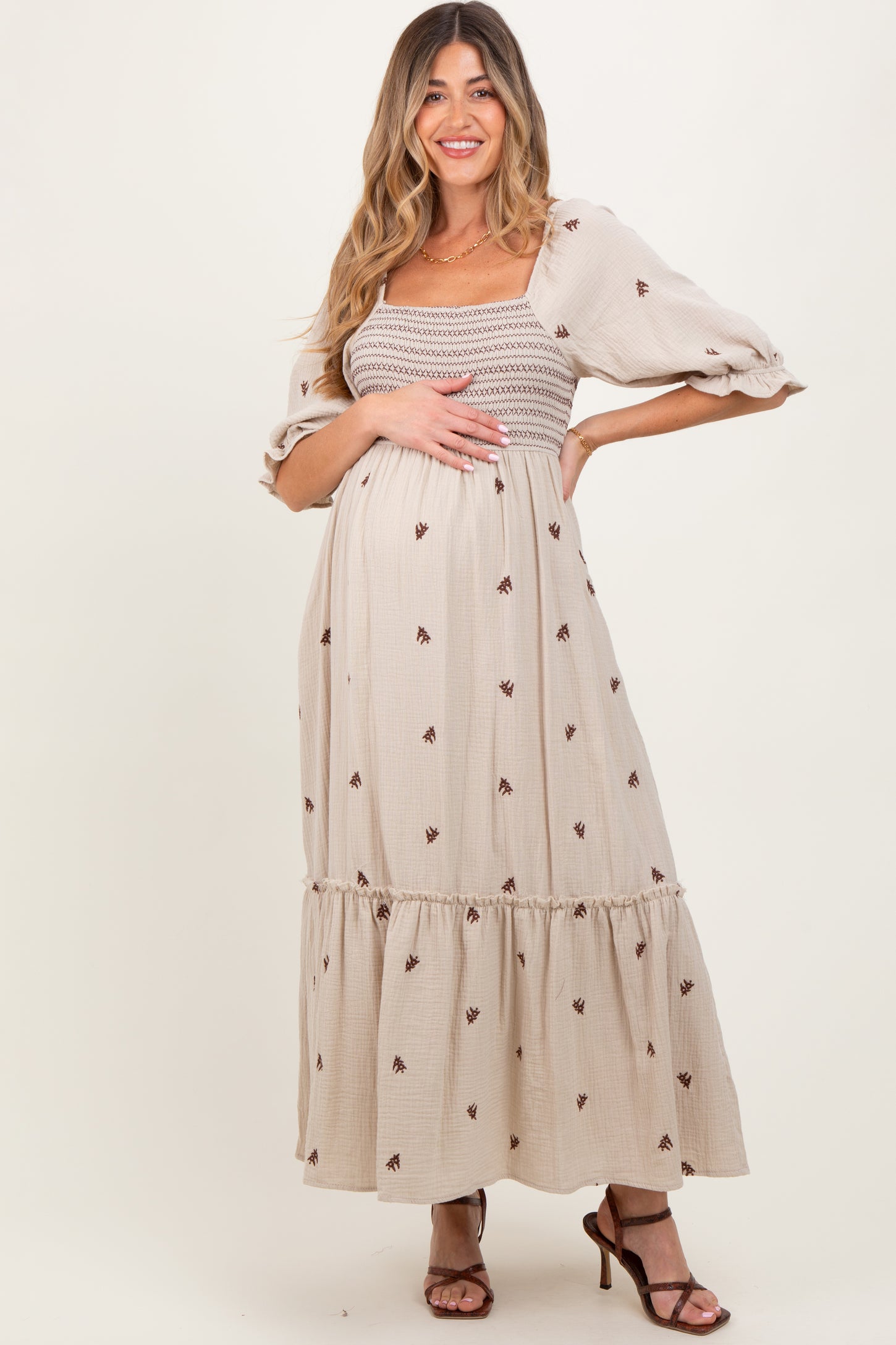 Taupe Gauze Smocked Embroidered Square Neck Maternity Midi Dress
