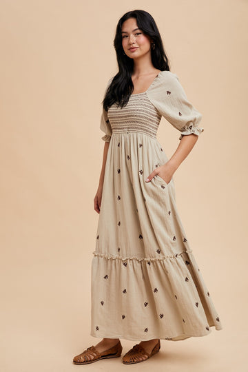 Taupe Gauze Smocked Embroidered Square Neck Midi Dress