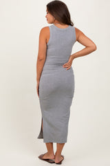 Heather Grey Ribbed Sleeveless Side Slit Maternity Midi Dress