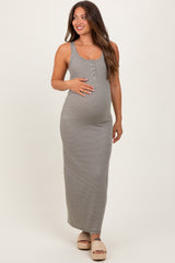 Olive Striped Button Front Sleeveless Maternity Maxi Dress