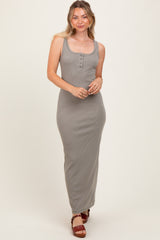 Olive Striped Button Front Sleeveless Maternity Maxi Dress