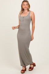 Olive Striped Button Front Sleeveless Maxi Dress