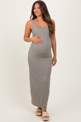 Olive Striped Button Front Sleeveless Maternity Maxi Dress
