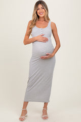 Heather Grey Striped Button Front Sleeveless Maternity Maxi Dress