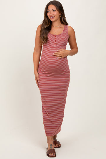 Burgundy Striped Button Front Sleeveless Maternity Maxi Dress