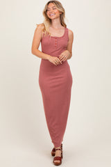 Burgundy Striped Button Front Sleeveless Maxi Dress